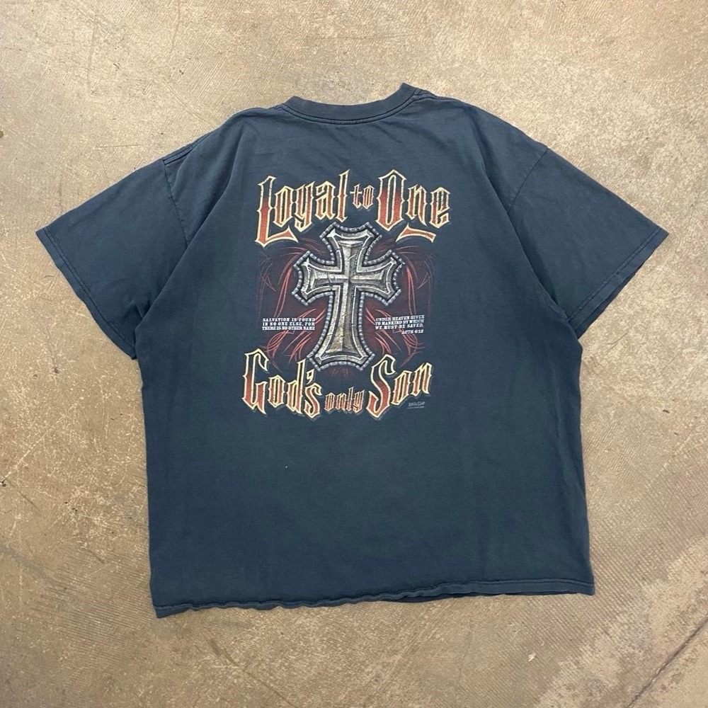 Vintage Jesus Tee Loyal To One God's Only Son 2000s Kerusso Cross Biker Shirt XL